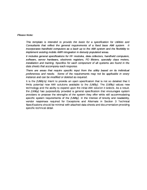 This template is intended to provide the basis for a specification for Utilities and Consultants that reflect the general requirements of a fixed base AMI system