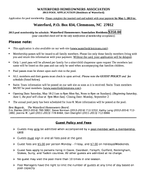 2013 POOL APPLICATION (Residents of Waterford)