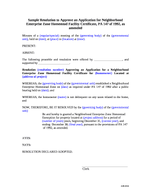 Sample Resolution to Approve an Application for Neighborhood Enterprise Zone Homestead Facility Certificate, PA 147 of 1992, as amended