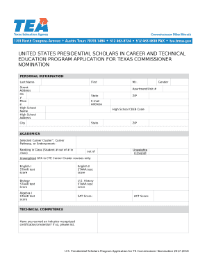 UNITED STATES PRESIDENTIAL SCHOLARS IN CAREER AND TECHNICAL EDUCATION PROGRAM APPLICATION FOR TEXAS COMMISSIONER NOMINATION