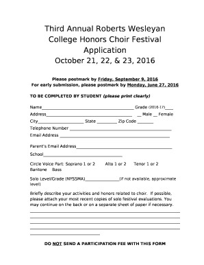 Third Annual Roberts Wesleyan College Honors Choir Festival Application