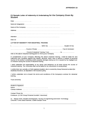 (1) Sample Letter of Indemnity & Undertaking for the Company Given By Student