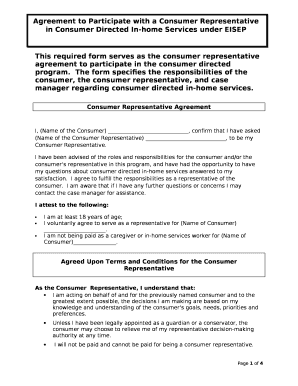 This required form serves as the consumer representative agreement to participate in the consumer directed program