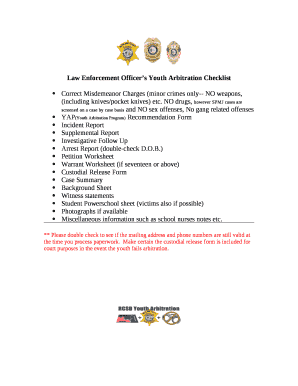 Law Enforcement Officers Youth Arbitration Checklist