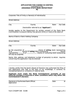 APPLICATION FOR CHANGE IN CONTROL
