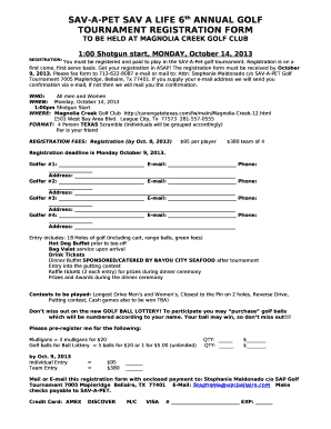 SAV-A-PET SAV A LIFE 6th ANNUAL GOLF TOURNAMENT REGISTRATION FORM