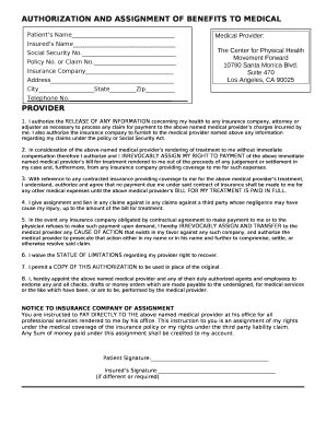 AUTHORIZATION AND ASSIGNMENT OF BENEFITS TO MEDICAL PROVIDER