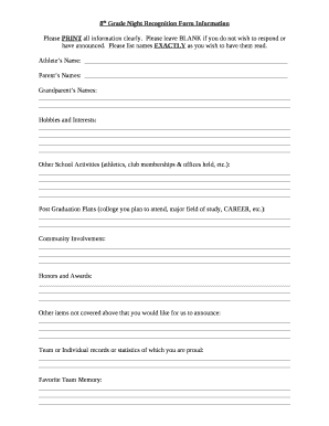 8th Grade Night Recognition Form Information