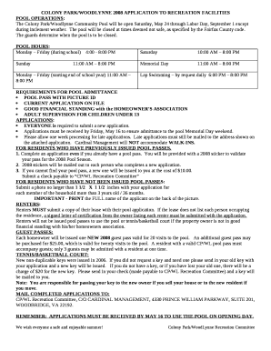 COLONY PARK/WOODLYNNE 2008 APPLICATION TO RECREATION FACILITIES