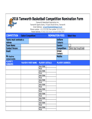 2016 Tamworth Basketball Competition Nomination template