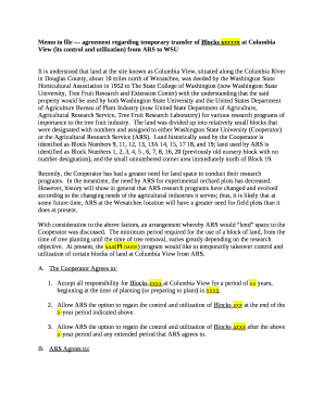 Memo to file agreement regarding temporary transfer of Blocks xxxxxx at Columbia View (its control and utilization) from ARS to WSU template