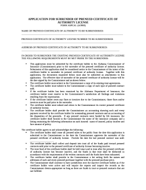 APPLICATION FOR SURRENDER OF PRENEED CERTIFICATE OF AUTHORITY LICENSE