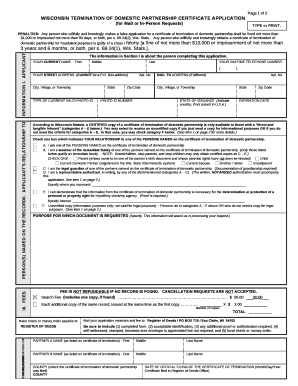 PENALTIES:Any person who willfully and knowingly makes a false application for a certificate of termination of domestic partnership shall be fined not more than $1,000 or imprisoned not more than 90 days, or both, per s template