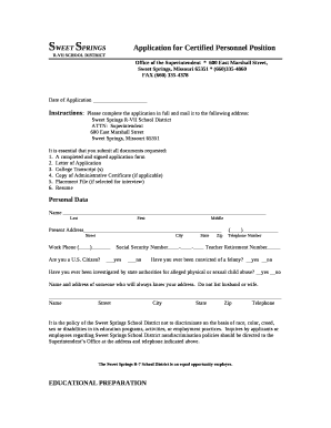 SWEET SPRINGSApplication for Certified Personnel Position template