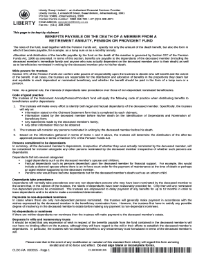 BENEFITS PAYABLE ON THE DEATH OF A MEMBER FROM A template