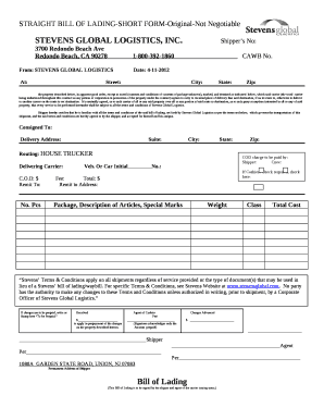 straight bill of lading short original not negotiable doc bill of lading short form