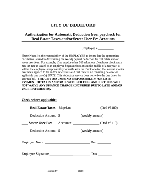 Authorization for Automatic Deduction from paycheck forReal Estate Taxes and/or Sewer User Fee Accounts