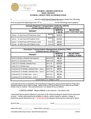 I, , authorize SAO Payroll Shared Services to deduct the following from my paycheck beginning on the 15th of for the following transit pass(es)