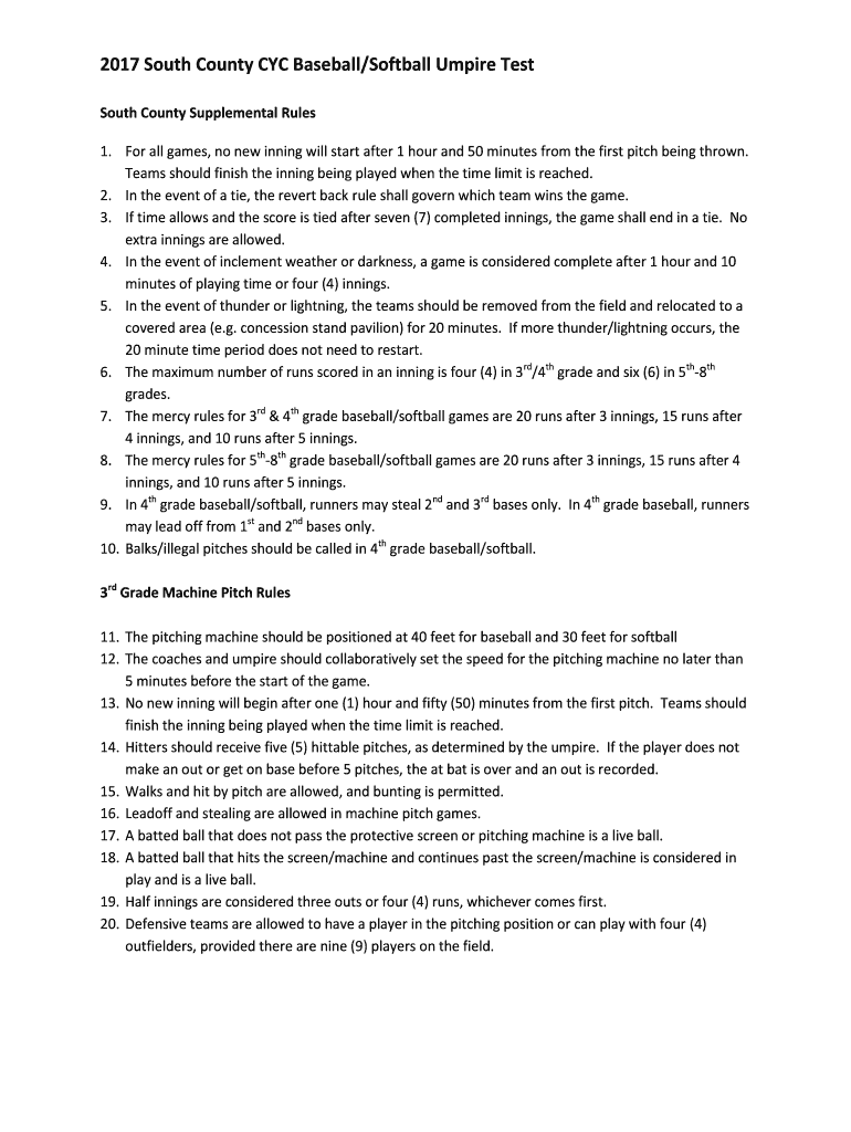 Fillable Online 2017 South County CYC Baseball/Softball Umpire Test Fax