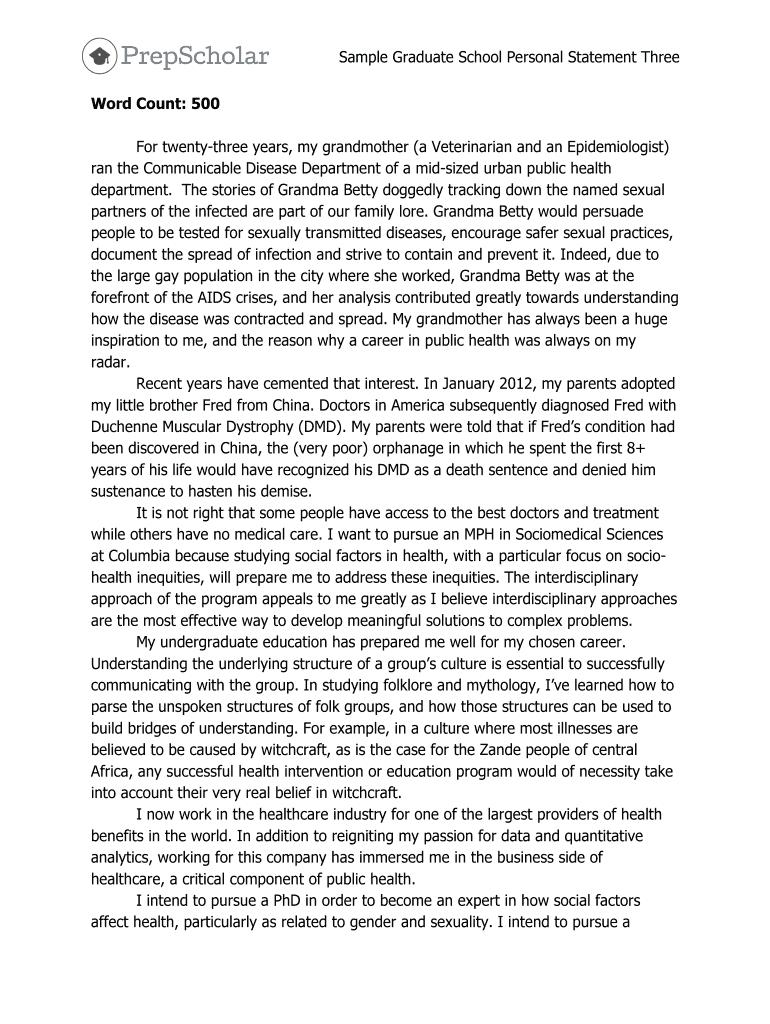 Fillable Online Sample Graduate School Personal Statement Three Fax