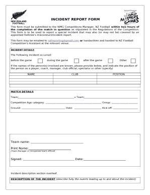 This form must be submitted to the WMG Competitions Manager, NZ Football within two hours of the completion of the match in question as stipulated in the Regulations of the Competition
