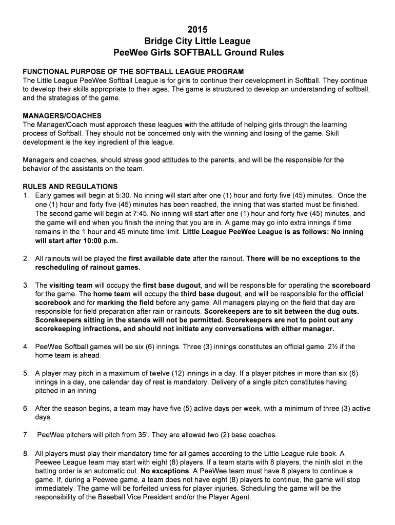 Fillable Online PeeWee Girls SOFTBALL Ground Rules Fax Email Print