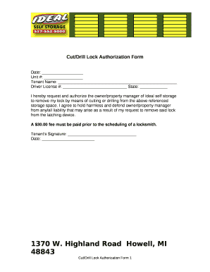 Cut/Drill Lock Authorization Form