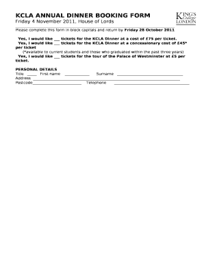 KCLA ANNUAL DINNER BOOKING FORM