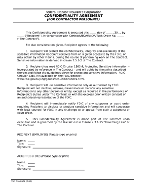 This Confidentiality Agreement is executed thisday of, 20, by("Recipient"), in conjunction with Contract/BOA/RBOA/Task Order No