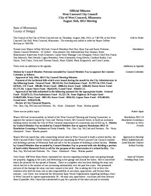 The Council of the City of West Concord met on Thursday, August 16th, 2012, at 7:00 PM, at the West Concord City Hall, West Concord, Minnesota