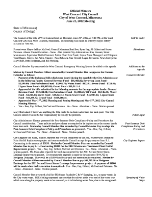 The Council of the City of West Concord met on Thursday, June 21st, 2012, at 7:00 PM, at the West Concord City Hall, West Concord, Minnesota