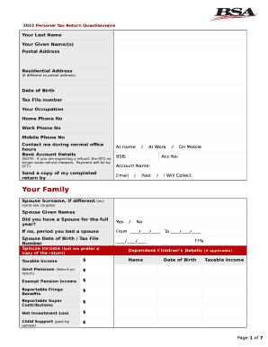 2015 Personal Tax Return Questionnaire