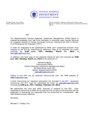 The Massachusetts Pension Reserves Investment Management (PRIM) Board is requesting proposals from law firms interested in providing Legal Counsel Services for Litigation Related to Foreign Exchange Currency Trading as set forth in Section