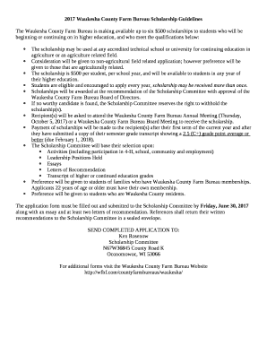 The Waukesha County Farm Bureau is making available up to six $500 scholarships to students who will be beginning or continuing on in higher education, and who meet the qualifications below: