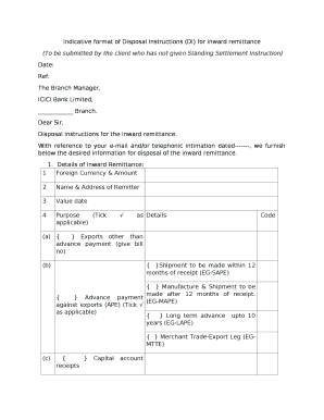 Indicative format of Disposal Instructions (DI) for inward remittance