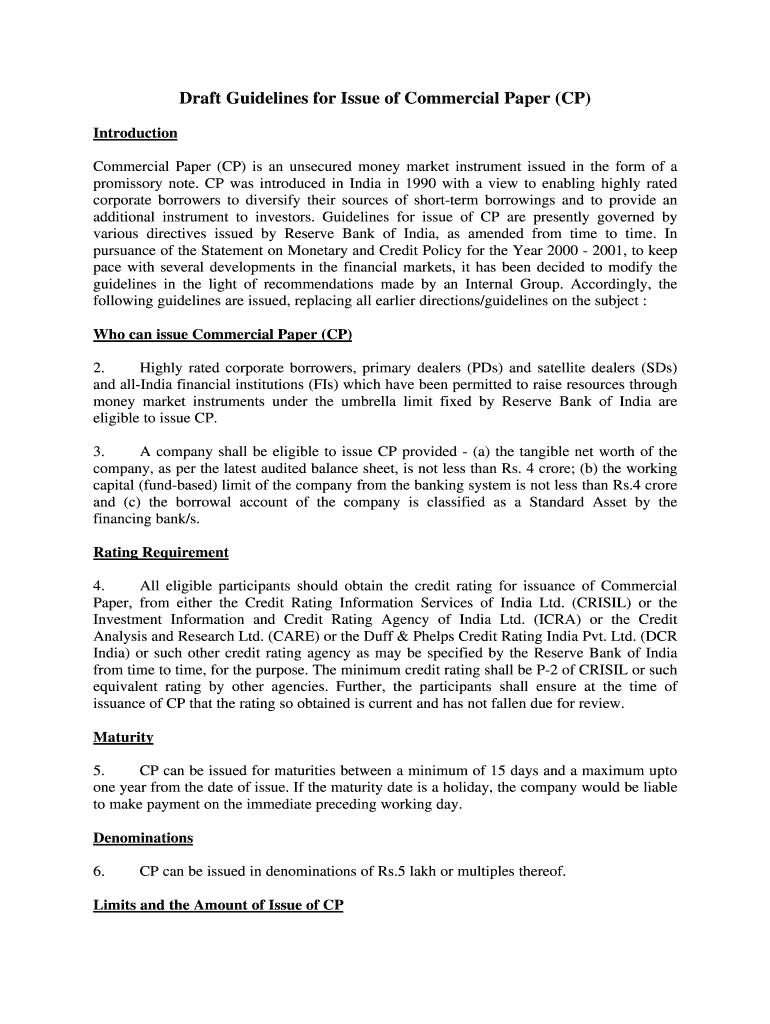 Fillable Online Draft Guidelines for Issue of Commercial Paper (CP) Fax