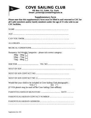 Please note that this supplementary form must be filled in and returned to CSC for all Cadet members and/or family members under the age of 21 who wish to use CSC facilities