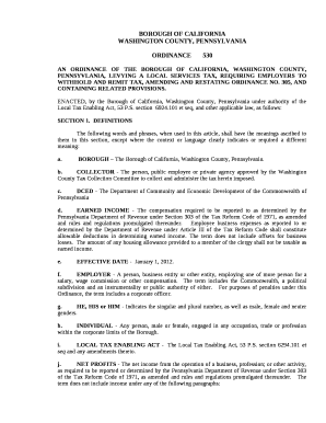 AN ORDINANCE OF THE BOROUGH OF CALIFORNIA, WASHINGTON COUNTY, PENNSYVLANIA, LEVYING A LOCAL SERVICES TAX, REQUIRING EMPLOYERS TO WITHHOLD AND REMIT TAX, AMENDING AND RESTATING ORDINANCE NO