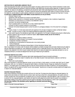 NOTIFICATION OF UNEXCUSED ABSENCE POLICY