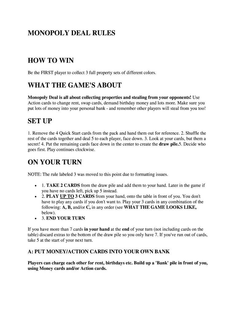 Fillable Online MONOPOLY DEAL RULES Fax Email Print pdfFiller