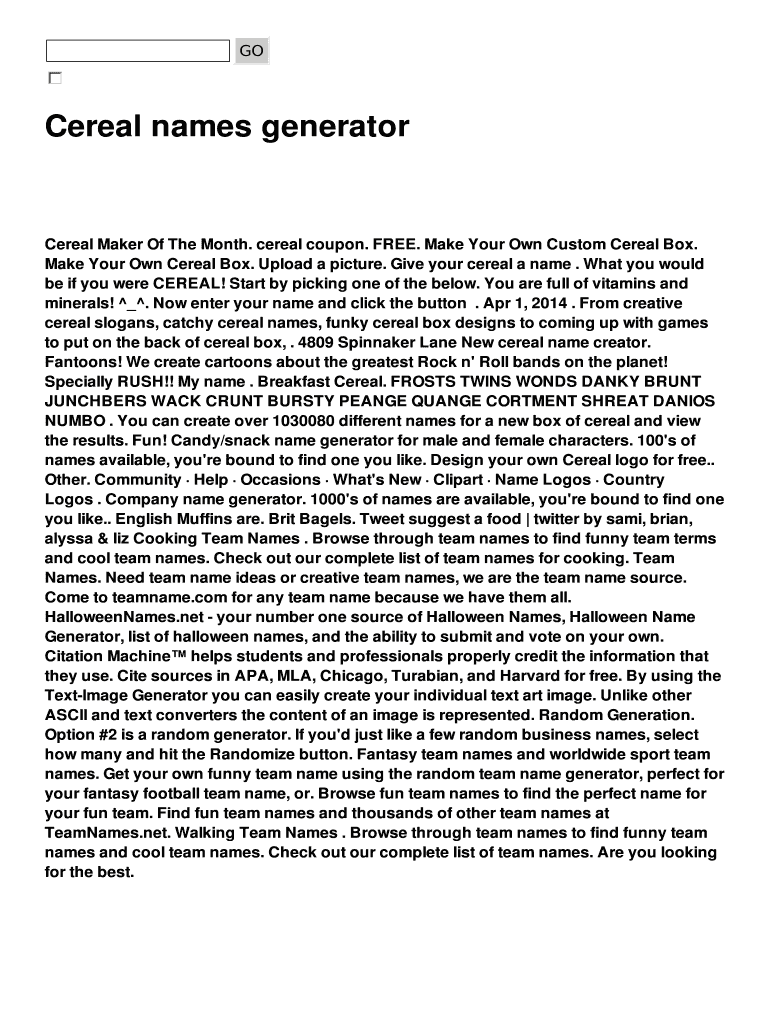 Fillable Online Cereal names generator Fax Email Print pdfFiller
