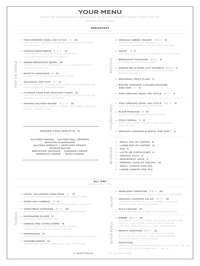 Fillable Online 24 HOUR SEASONALLYINSPIRED INROOM DINING MENU CRAFTED