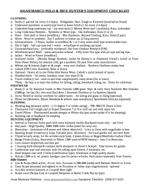 ASIAN/MARCO POLO & IBEX HUNTERS EQUIPMENT CHECKLIST