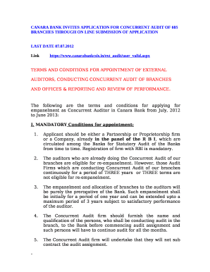 CANARA BANK INVITES APPLICATION FOR CONCURRENT AUDIT OF 605 BRANCHES THROUGH ON LINE SUBMISSION OF APPLICATION