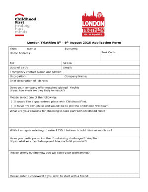 London Triathlon 8th 9th August 2015 Application Form