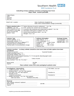 Indwelling Urinary Catheter Insertion & Ongoing Care Form