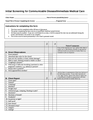Initial Screening for Communicable Disease/Immediate Medical Care