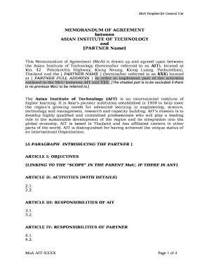 This Memorandum of Agreement (MoA) is drawn up and agreed upon between the Asian Institute of Technology (hereinafter referred to as AIT), located at Km