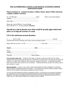 THE ALANBROOKE LUNCH CLUB ANNUAL STANDING ORDER DONATION FORM