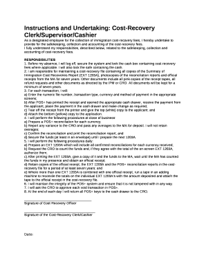 Instructions and Undertaking: Cost-Recovery Clerk/Supervisor/Cashier